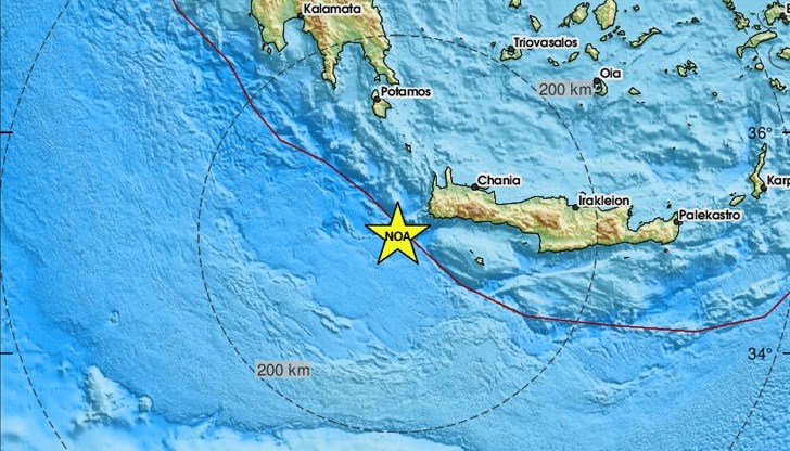 Епицентърът на труса е локализиран на 180 километра от Ираклион Епицентърът на труса е локализиран на 180 километра от Ираклион