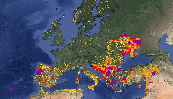 Степен на изгорелите площи през 2024 г., докладвани от Информационната система на ЕС за горските пожари (EFFIS). Жълтите точки се отнасят за площи до 100 ха, оранжевите - до 500 ха, розовите - до 1000 ха, червените - до 5000 ха, лилавите - над 5000 ха. Степен на изгорелите площи през 2024 г., докладвани от Информационната система на ЕС за горските пожари (EFFIS). Жълтите точки се отнасят за площи до 100 ха, оранжевите - до 500 ха, розовите - до 1000 ха, червените - до 5000 ха, лилавите - над 5000 ха.